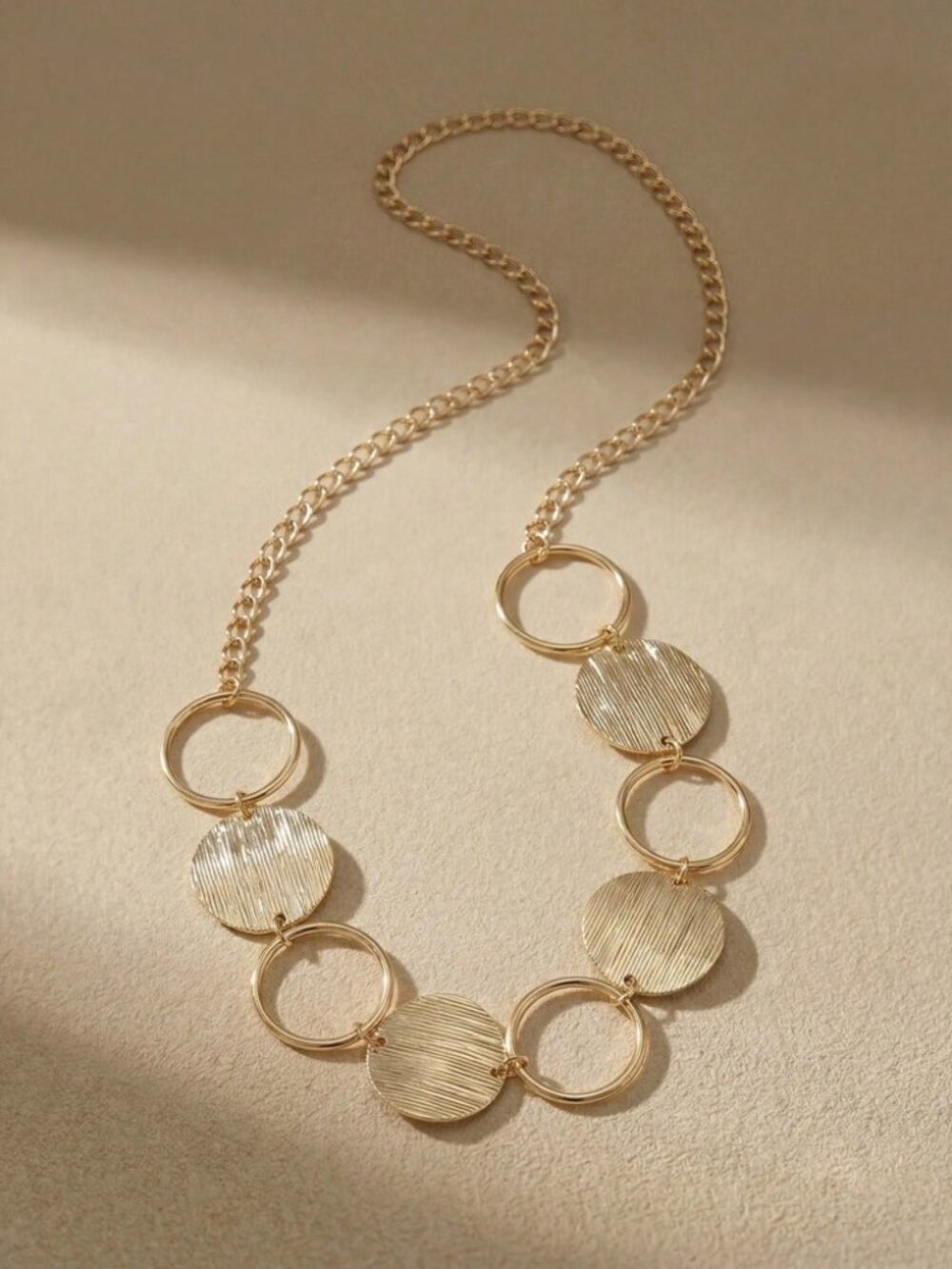 Gold Textured Disc & Ring Statement Sautoir Necklace
